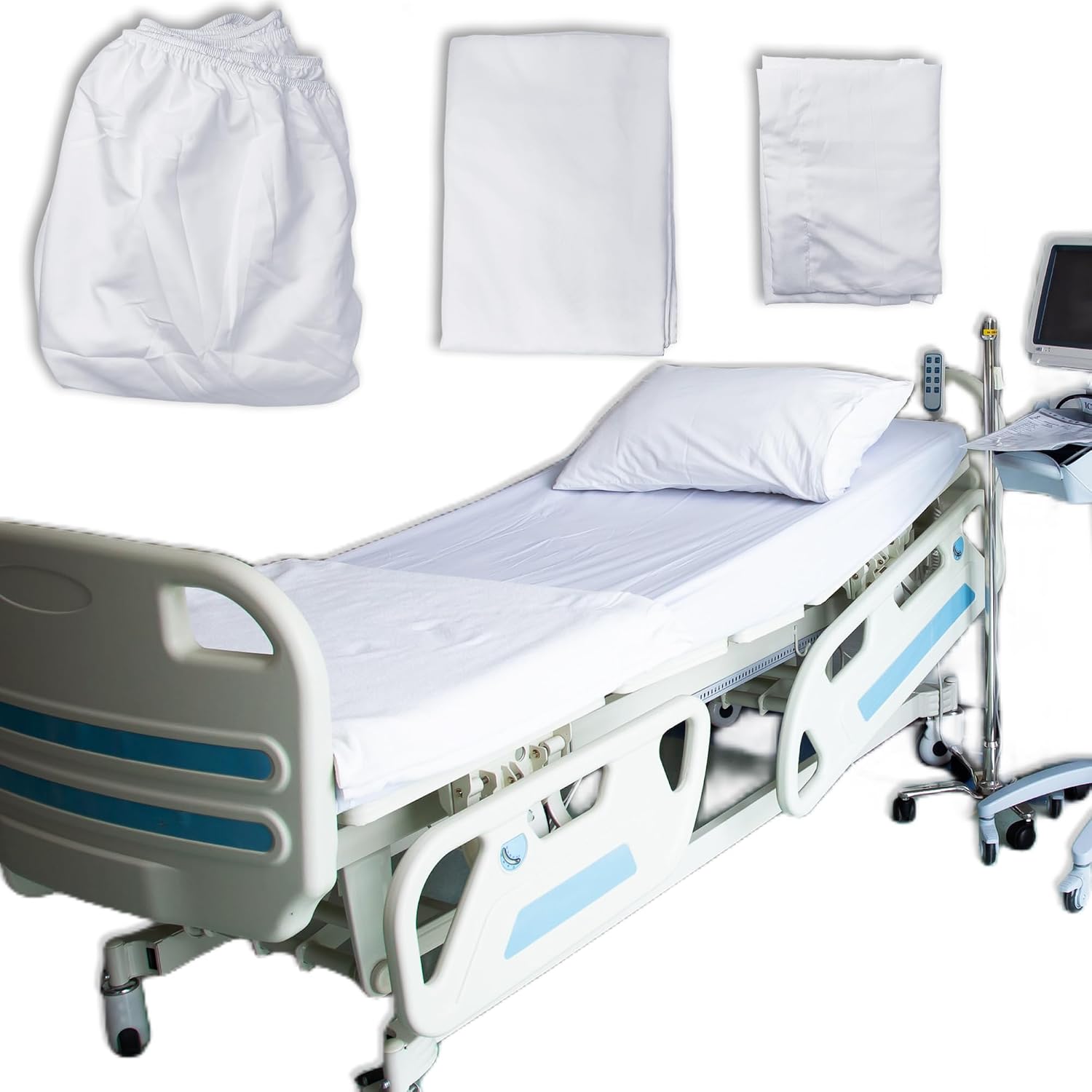JuGeoZhi 3pcs Hospital Bed Sheet Set - 1 Fitted Bed Sheet, 1 Flat Bed Sheet, 1 Pillow Case, for Home, Hospital, Hotel, 35 x 79 x 11 Inch