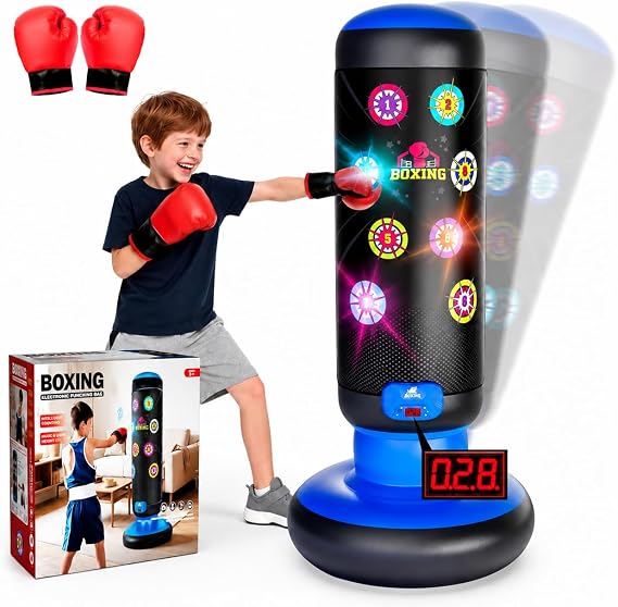 HopeRock Punching Bag for Kids,Boxing Set with Scoring, Light, Music | With 4 Game Modes, Inflatable Boxing Bag with Gloves, Birthday Gifts Toys for 4-8-12 Years Old Boys
