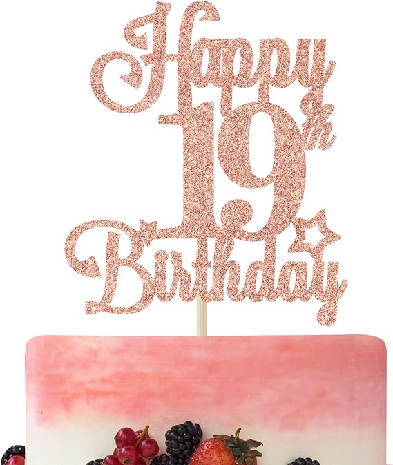 Happy 19th Birthday Cake Topper, Cheers to 19 Years, Hello 19, 19th Birthday Anniversary Party Decorations Rose Gold Glitter.