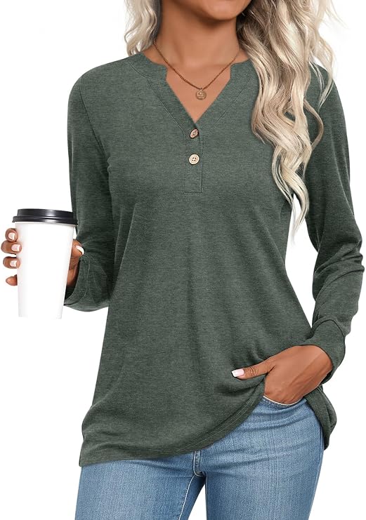 CATHY Womens Long Sleeve Shirts Dressy Casual Henley Tops Fall Fashion 2026 V Neck Button Up Blouses