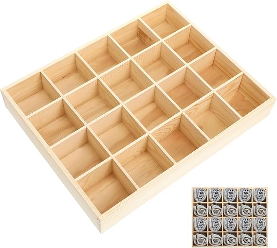 Ciieeo Underwear Storage Case 20 Compartment Wooden Drawer Organizer Box for Socks Panties Bras Ties 13.38 X 10.62 X 1.96 in Stackable Storage Divider for Closet and Dresser