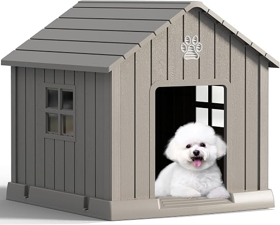 Fancyango Dog House Outdoor Indoor - Waterproof, Ventilated, Easy to Clean, Elevated Floor for Small-Medium Dogs, Easy to Assemble (Grey, 31" L x 33.3" W x 33.5" H)