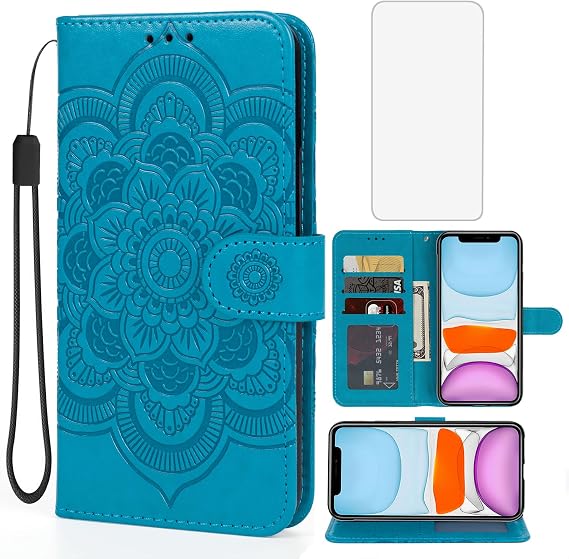 Case for iPhone 11, for Apple 11 Wallet Case with Tempered Glass Screen Protector, Embossed Mandala Leather Flip Credit Card Holder Stand Phone Cover Cases for Apple for iPhone 11 Blue