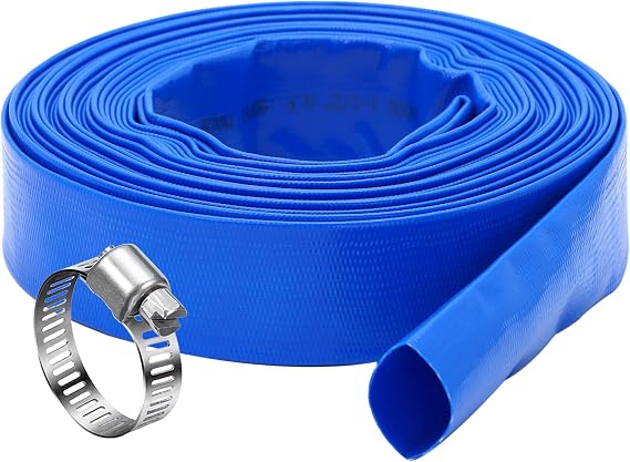 DAVCO 1.25" x 100 ft Pool Backwash Hose Heavy Duty Water Discharge Pump Hoses | 1 1/4 inch, Reinforced Blue PVC Lay Flat Pipe, Burst Proof, Anti-UV, for Swimming Drain Pools and Clean Filters, with Clamps