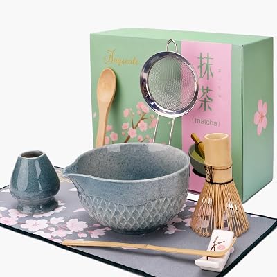 Joyscale Matcha Whisk Set, Matcha Set Whisk And Bowl, 8 Pcs Matcha Kit SetTexture Design, 16 OZ, Japanese Matcha Tea Set, Matcha Making Kit Gifts for Tea LoversSapphire Blue