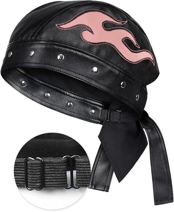 Hachapy Leather Biker Cap for Women Adjustable Strap Motorcycle Skull Cap with Embroidery