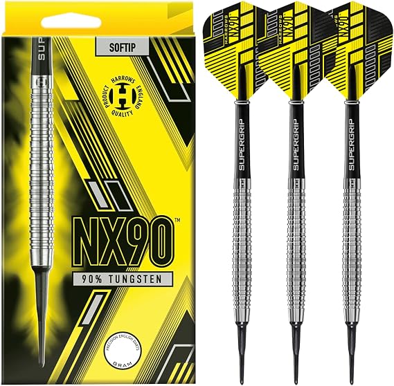 Harrows NX90 Soft Tip 90% Tungsten Darts Set 18g and 20g - Includes Black Supergrip Midi Shafts & Micron NX90 Flights - 18g