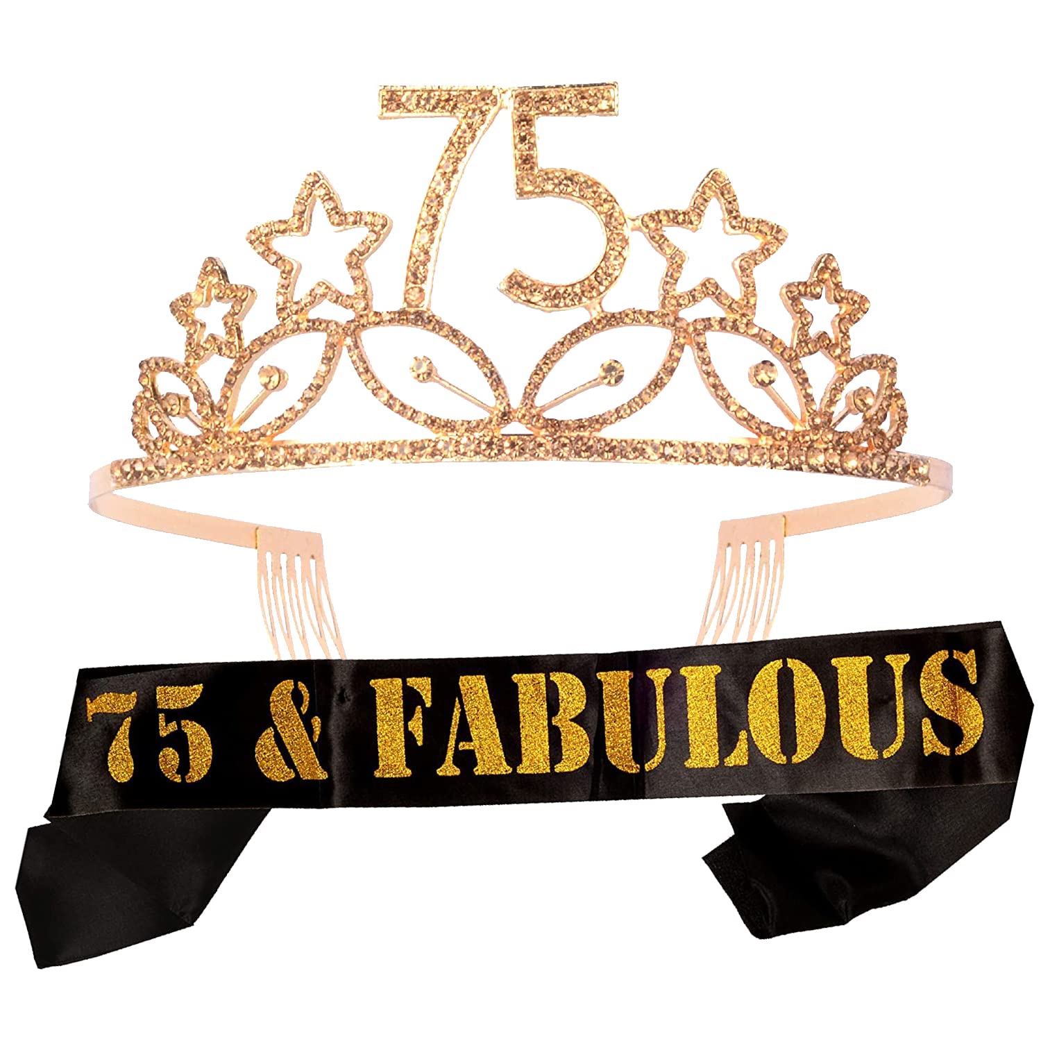 MEANT2TOBE 75th Birthday Sash and Tiara for Women - Fabulous Glitter Sash  Stars Rhinestone Gold Premium Metal Tiara for Her, 75th Birthday Gifts for 75 Celebration