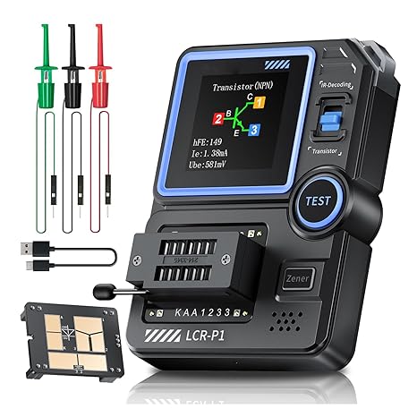 Jadeshay LCR-P1 Transistor Tester ESR Meter LCR Meter 1.44" Color Display Component Tester with Replaceable SMD Socket Anti-Burn Protection for Capacitor Inductor Zener Diode MOSFET SCR