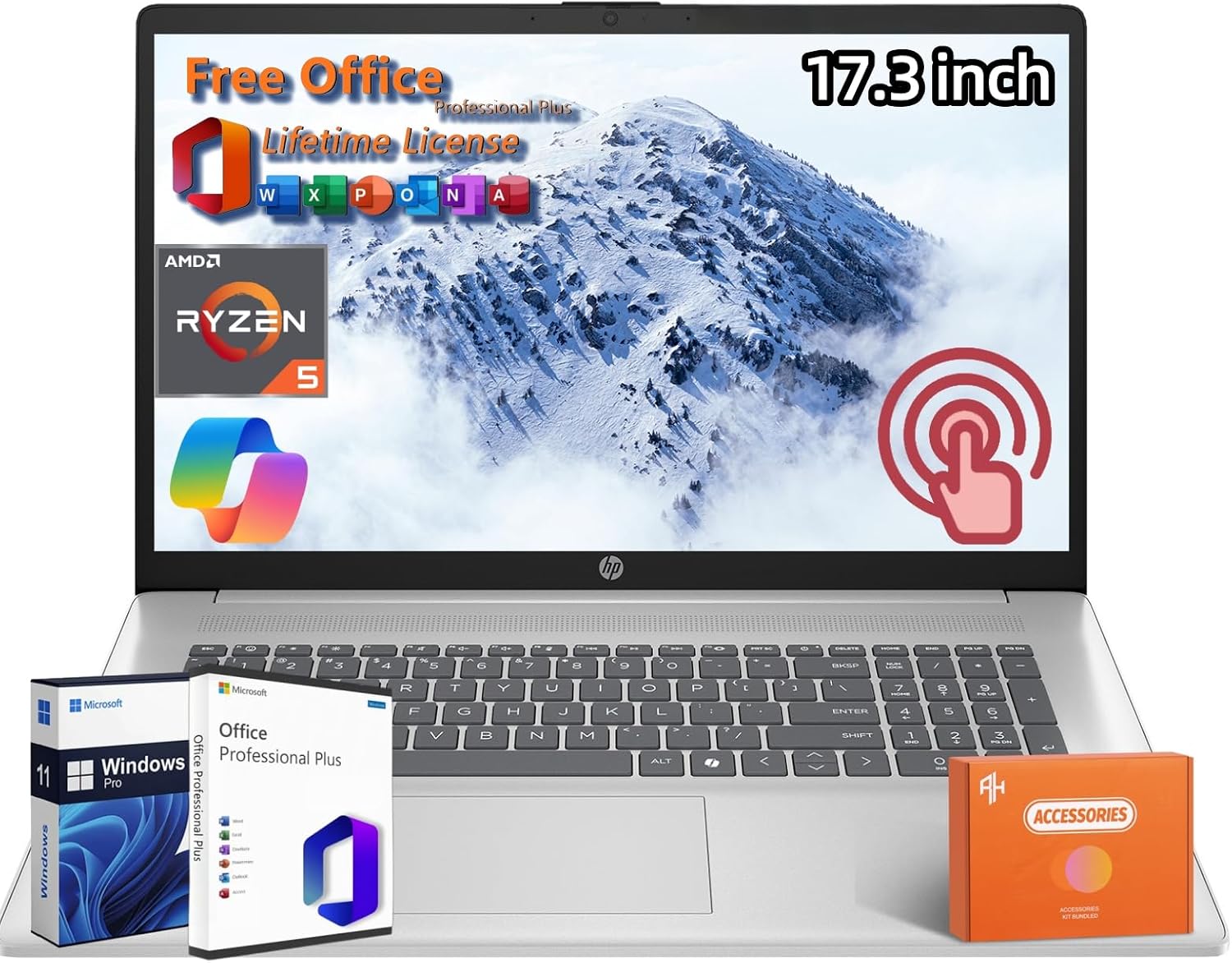 HP 17.3 inch Touchscreen 2025 Business Laptop, AMD Ryzen 5 7430UUp to 4.3GHz, 17 HD Touch Screen, 64 GB RAM, 1 TB SSD, WiFi6, Copilot, Windows 11 Pro