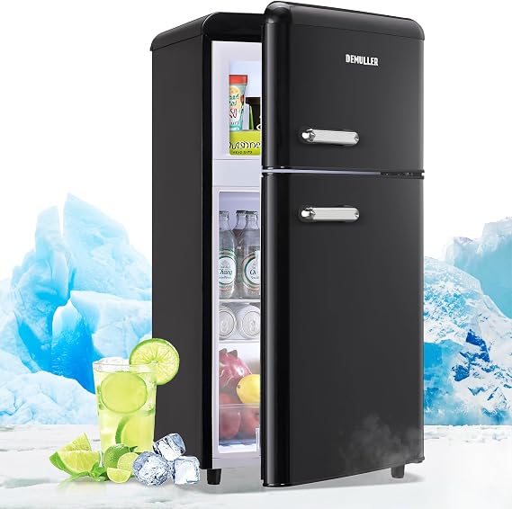 DEMULLER Mini Refrigerator 3.5 Cu.Ft Dual Door Fridge with Handle Adjustable Temperature with Top Mount Freezer Ideal for Home, Office, Dorm Black