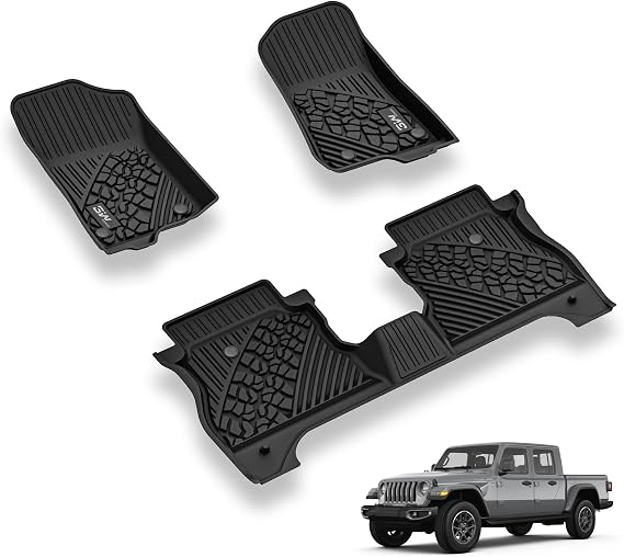 3W Floor Mats Compatible for Jeep Gladiator 2020-2024, TPE All Weather Custom Fit Floor Liner for Jeep Gladiator,1st & 2nd Row Full Set Car Liners with Grey Logo, Black