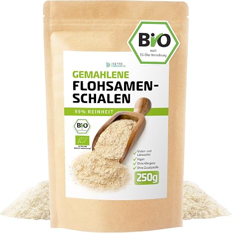 D&O Nature Products Psyllium Husks Ground Organic 250 g 99% Purity Controlled and Bottled in Germany Vegan Gluten-Free Fibre Rich Low Carb Psyllium Seed Powder