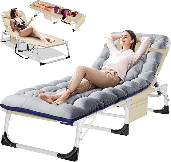 DoCred Folding Lounge Chair with Mattress, 5 Position Adjustable Folding Sleeping Bed Cot Chaise Lounge Chairs Perfect for Sunbathing, Camping, Pool, Beach, Patio