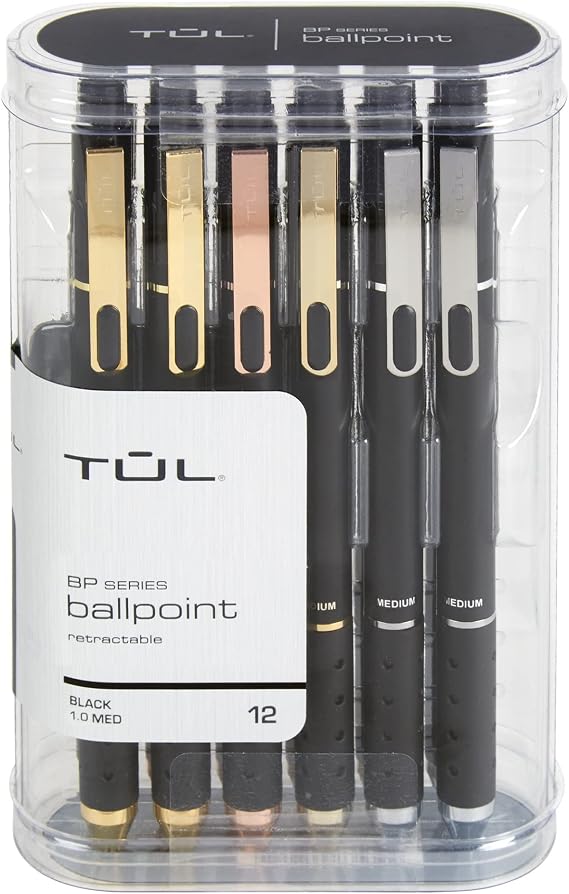 TUL BP Series Retractable Ballpoint Pens, Medium Point, 1.0 mm, Black Barrel, Black Ink, Pack Of 12 Pens