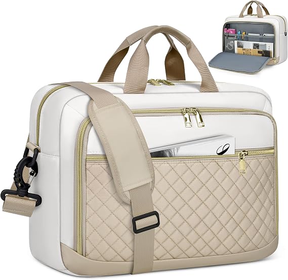 NEWHEY Laptop Bag 17.3 Inch Laptop Briefcase for Women Large Computer Bag | Water-resistant Shoulder Messenger Bag with Multi-Pockets & Padded Strap for Business Office Work College Khaki&Beige