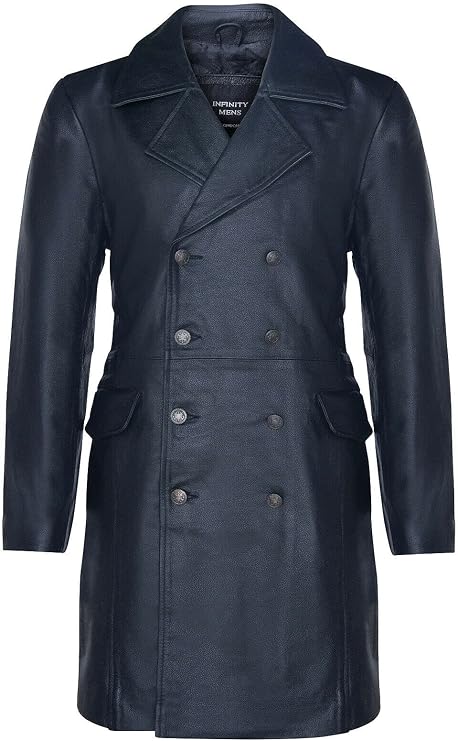 Men's General Long Black WW2 Military German Naval U-Boat Leather Trench Overcoat