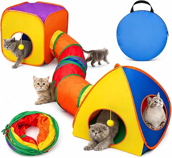Rypet Cat Toy Tunnel and Cubes Bundle, Play Tubes for Indoor Cats,Rainbow