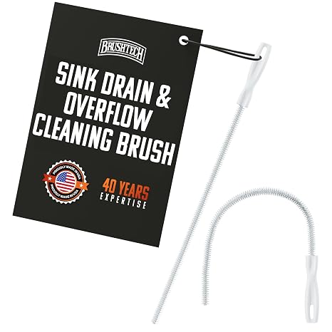 Brushtech Sink Drain & Overflow Cleaning Brush - Thin & Flexible Drain Cleaning Gadget for Clogs, Hair, Debris - Long Pipe Cleaning Brush for Kitchen & Bathroom Sink Maintenance - Made in USA