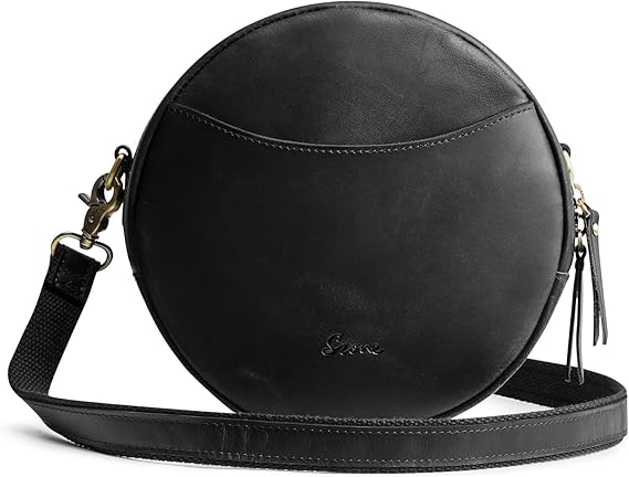 S-ZONE Leather Crossbody Bags for Women Circle Shoulder Round Purse Travel | Top Grain Leather, Keychain, Designer Handbag, Vintage, Multi Pockets, Detachable Strap, Eveyday Outing