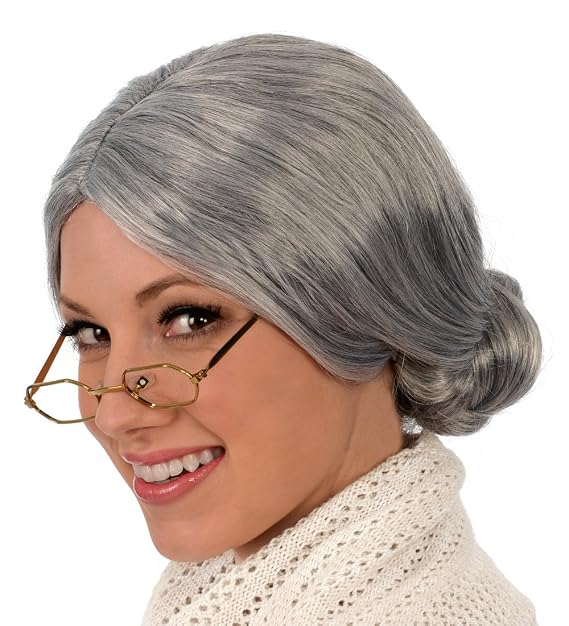 Kangaroo Grey Old Lady Wig with Bun for Adult Women - Old Lady Costume Wig Grandma & Mrs Claus Cosplay - Synthetic Elderly Hair Gray Wigs for Women for Halloween Party - Theater Dressup Accessory