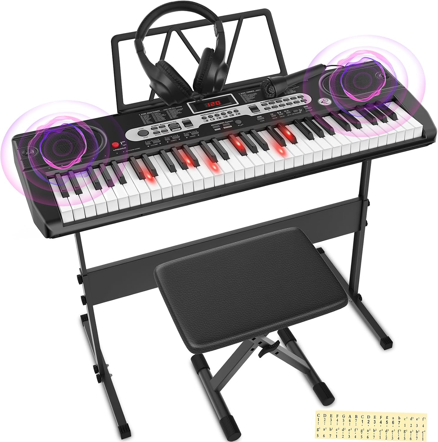 Keyboard Piano 61 Keys, Electric Digital Piano Set with Light-Up Keys, Mic, Headphones, Note Stickers, Bench, Sheet Music Stand, Electronic Piano Keyboard for Beginners Classic Black