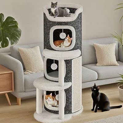 4-Tier Cat Tree for Indoor Cats Multi-Level Cat Condo with Scratching Pad & Hanging Toys Large Cat Tower for Multiple Cats Cute Condo Furniture Plush Perch for Fat Cats 33.4 Inch