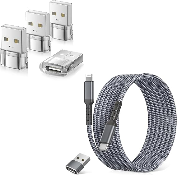 Elebase 4 Pack USB to USB C Adapter and USB C to Lightning Cable 6FT/2M with USB Adapter for Apple Watch Ultra iWatch 8 7,iPhone 16 15 14 13 Pro Max Plus,Airpods,iPad,Car