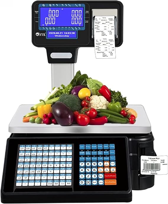 Digital Barcode Weighing Scales, Electronic Digital Price Computing Scale Barcode Scale with Printer for Label and Receipt Printing, Back Front Dual Display, 63 Shortcut Keys