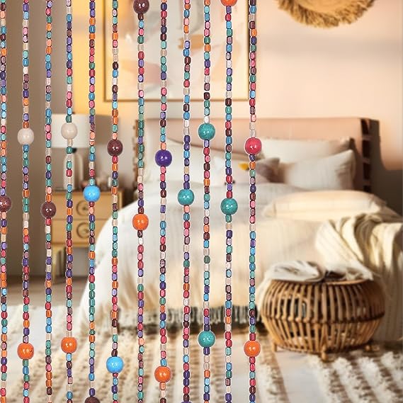 Colorful Boho Handmade Bamboo Beaded Curtain, 35.5" x 75" | 38 Strands, Big Wooden Beads, for Doorway Window, Hanging Wooden Door Beads Hippie Curtains Room Divider, Boho Home Decor