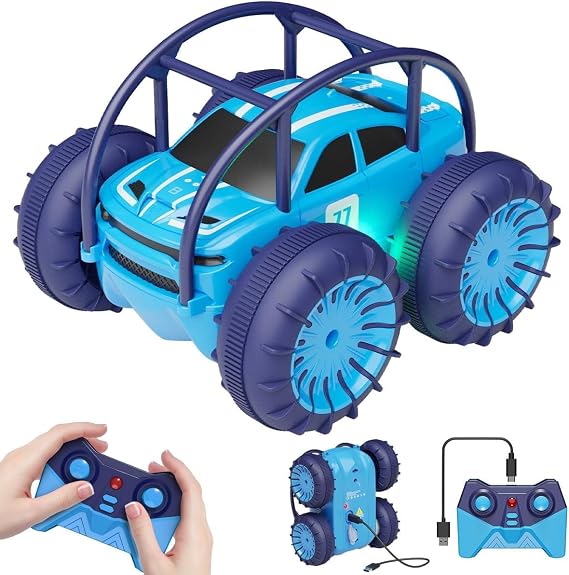 Amphibious Stunt remote control cars, Dual USB-C Charging for Car & Controller, 2.4Ghz 360° Flips & LED Lights Ajustable, 15KM/H, Ultimate RC Toys Gift Any Occasion for Boys Girls 3-12 Years Old