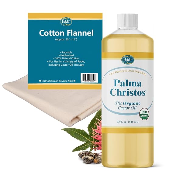 Baar Castor Oil Bundle Cold-Pressed, Hexane-Free 32 oz Palma Christos Castor Oil + Cotton Flannel. Supports Natural Wellness, Detox, Skin & Hair Care
