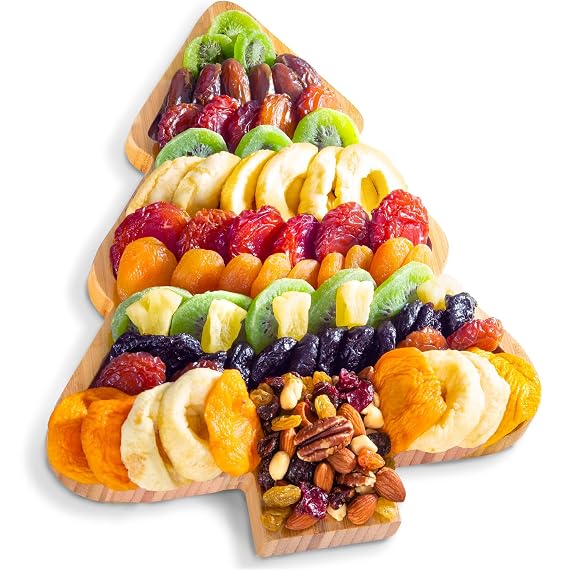 A Gift Inside Dried Fruit and Nuts Gift Basket Gourmet Dried Apricots, Peaches, Pineapple, Kiwi, Prunes & Plums with Trail Mix Reusable Christmas Tree Bamboo Serving Tray