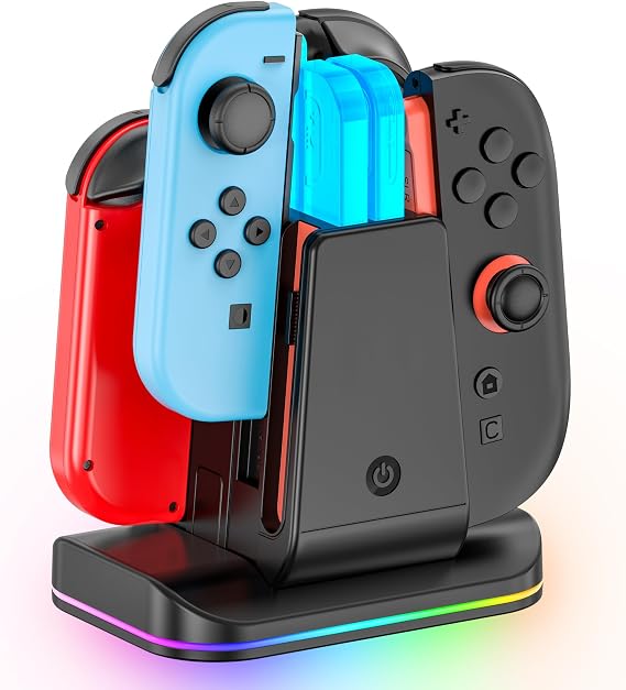 Rysker Switch 1/2 Controller Charging Station Joycon 2 Charging Station with 9 RGB Lights 2.5 Pieces Charger for 4 Nintendo JoyCon Nintendo Switch/OLED/2 Joy Con Charger Switch 2 Accessories