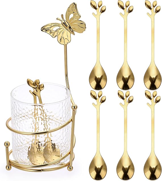 ELLDOO Coffee Spoon Set, Clear Glass Holder with 8 Stainless Steel Gold Leaf Coffee Spoons, Creative Flatware Set for Stirring, Mixing, Sugar, Ice Cream, Cake (8 x Spoons)