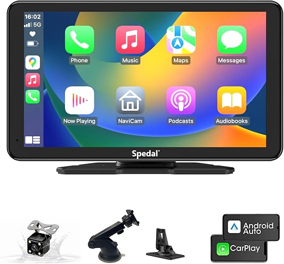 Spedal Car Play with Backup Camera, CarPlay and Android Auto, 7" Screen | Portable CarPlay Screen for Car, Mirror Link/Bluetooth/Navigation/Voice Control