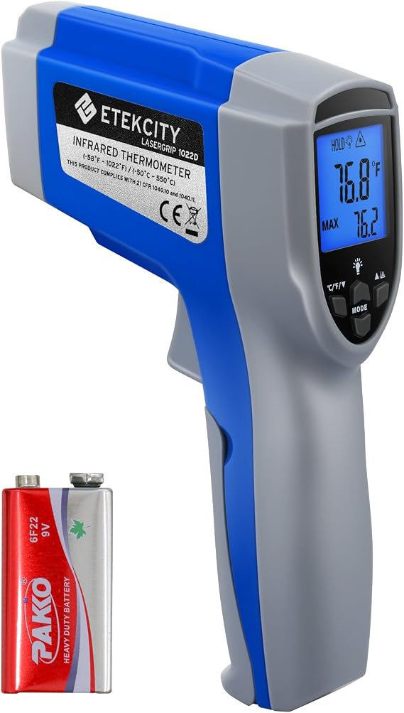 Etekcity Infrared Thermometer 1022D (Not for Human) Dual Laser Temperature Gun Non-contact-58F~1022F (-50C ~ 550C) with Adjustable Emissivity & Max Measure, Standard Size, Blue & Gray