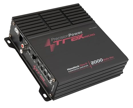Precision Power Trax Micro Monoblock Class D Car Stereo Amplifier TM1.2000D 2000W Single Channel Digital Subwoofer Amp with Wired Bass Control & High-Level Inputs for Powerful Audio
