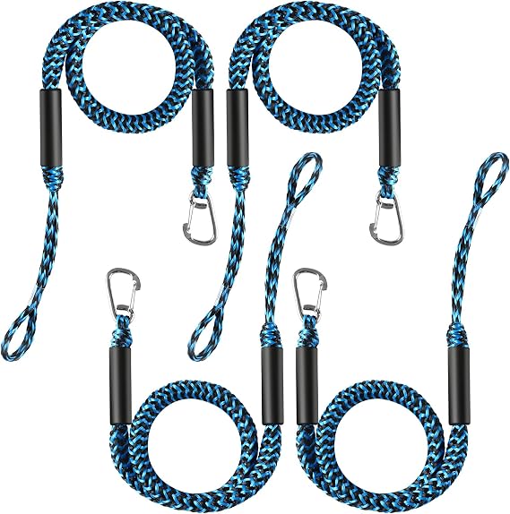 4 Pcs Boat Bungee Dock Lines, 4 Feet Mooring Rope for Docking Stretches to 6 Feet, Mooring Line Boat Accessories Docking Ropes PWC Dock Ties for Boats with a Hook (Blue and Black)