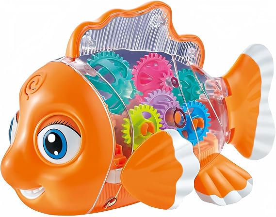 Nenekal Transparent Electric Gear Gold Fish Toddler Toy with Music & Lights. Bump and Go Technology. Perfect for Babies Tummy Time, Educational STEM Gear Toys for Boys Girls 3+