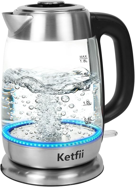Electric Glass Kettle 1.8L, 1200W Fast Boil for Tea & Coffee, Auto Shut-Off & Boil-Dry Protection, BPA-Free, 304 Stainless Steel & Borosilicate Glass, Removable Lid for Easy Cleaning