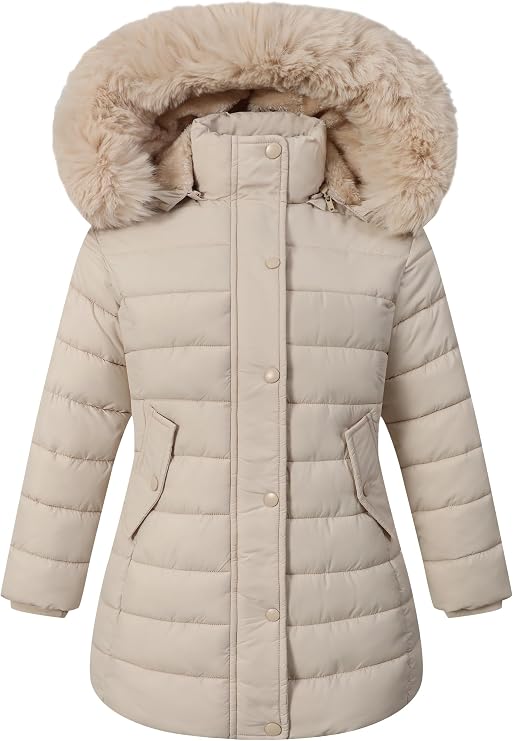 Girls Long Puffer Winter Coat Kid's Removable Hood Parka Jacket
