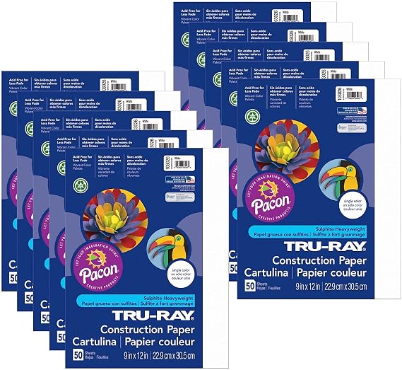 Tru-Ray Construction Paper, White, 9" x 12", 50 Sheets Per Pack, 10 Packs