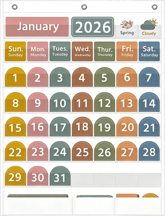 REGELETO Large White Calendar Pocket Chart with Boho 96 Cards for Classroom, Size:32.25 x 24.13 inch Monthly Calendar and Weather Pocket Chart for Students Learning for Home or School(White)
