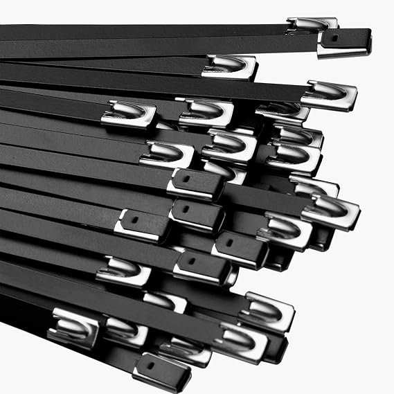 60 Inch Extra Long Metal Zip Ties Black 20PCS Premium Heavy Duty Stainless Steel Epoxy Coated Cable Wire Ties Multi Purpose Self-locking Cable Ties used for vehicles, machinery, outdoor, etc