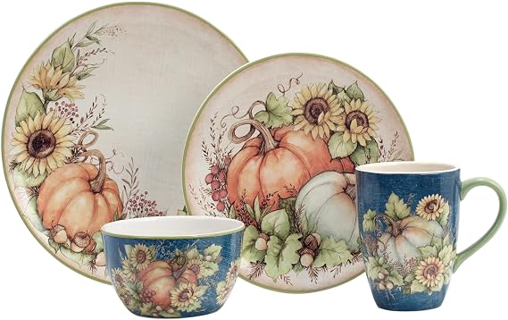 Autumn Breeze 16-Piece Ceramic Dinnerware Set, Service for 4 Celebrate fall gatherings with sunflowers, pumpkins, and rich harvest hues, perfect for cozy dinners and festive autumn tablescapes