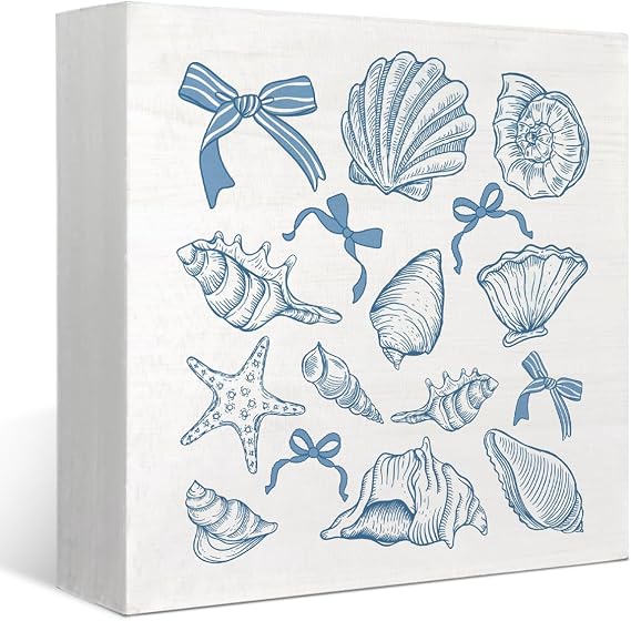 Coquette Blue Bow Coastal Beach Seashell Starfish Pearl Wood Box Sign Plaques Desk Decor, Preppy Summer Desk Shelf Decoration, Positive Home Decoration, Ocean Theme Decoration(Christmas)