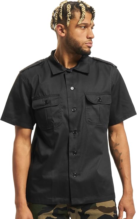Brandit Individual Wear Men's Worker Durable Straight-Cut Button Down Short Sleeve Shirt with Shoulder Boards & Chest Pockets