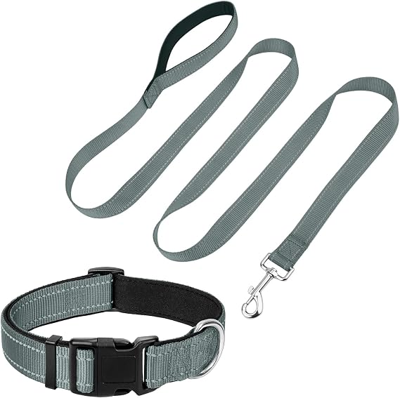 Reflective 6FT Dog Leash and 14"-23" Dog Collar Set, Soft Padded Basic Collar and Padded Handle Leash for Large Dogs