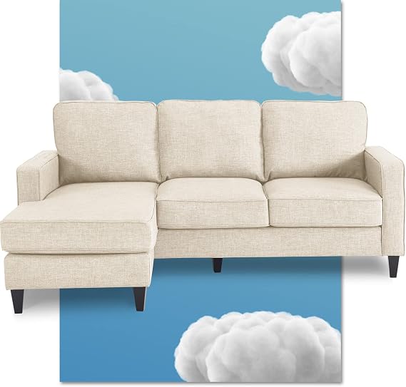 Serta Harmon Reversible Sectional Sofa, Modern L-Shaped Couch for Small Spaces, Soft Fabric Upholstery, Square Arm, Pillow Back Cushions, Cream White